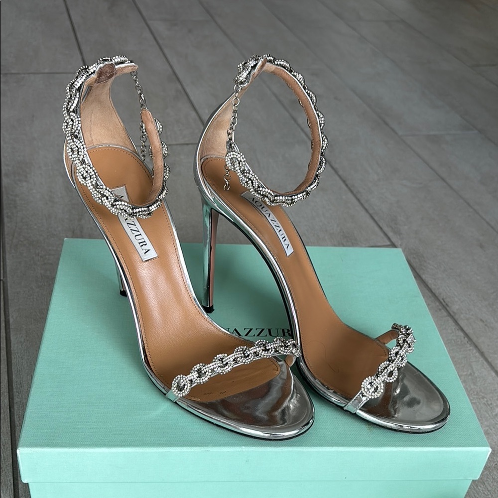 Aquazzura Silver Sandals with High Heel and Chain Straps size 40.5 IT